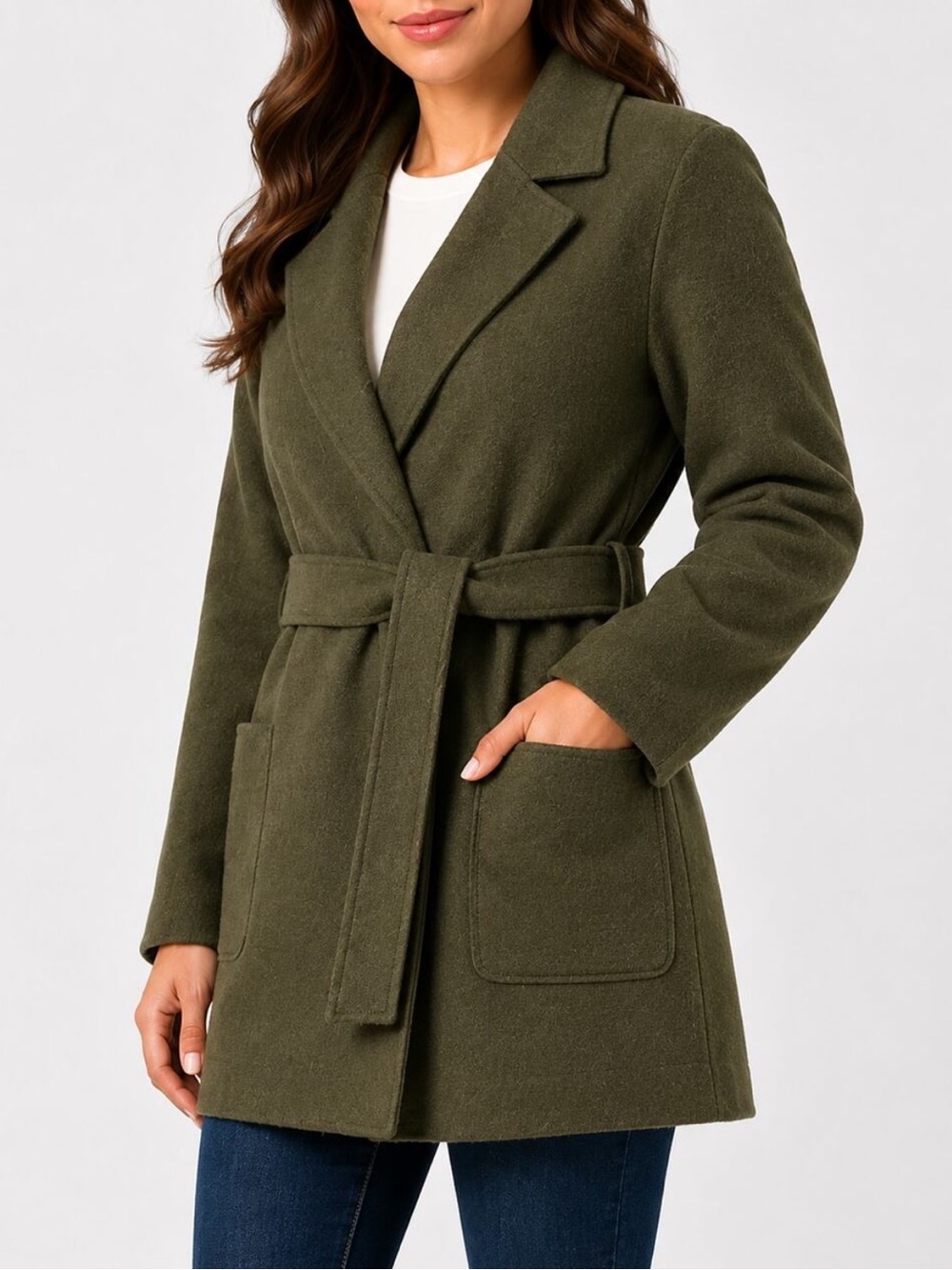 J. Crew Olive Moss Green Boiled Wool Warm Wrap Blazer Coat w Tie Belt Petite XS